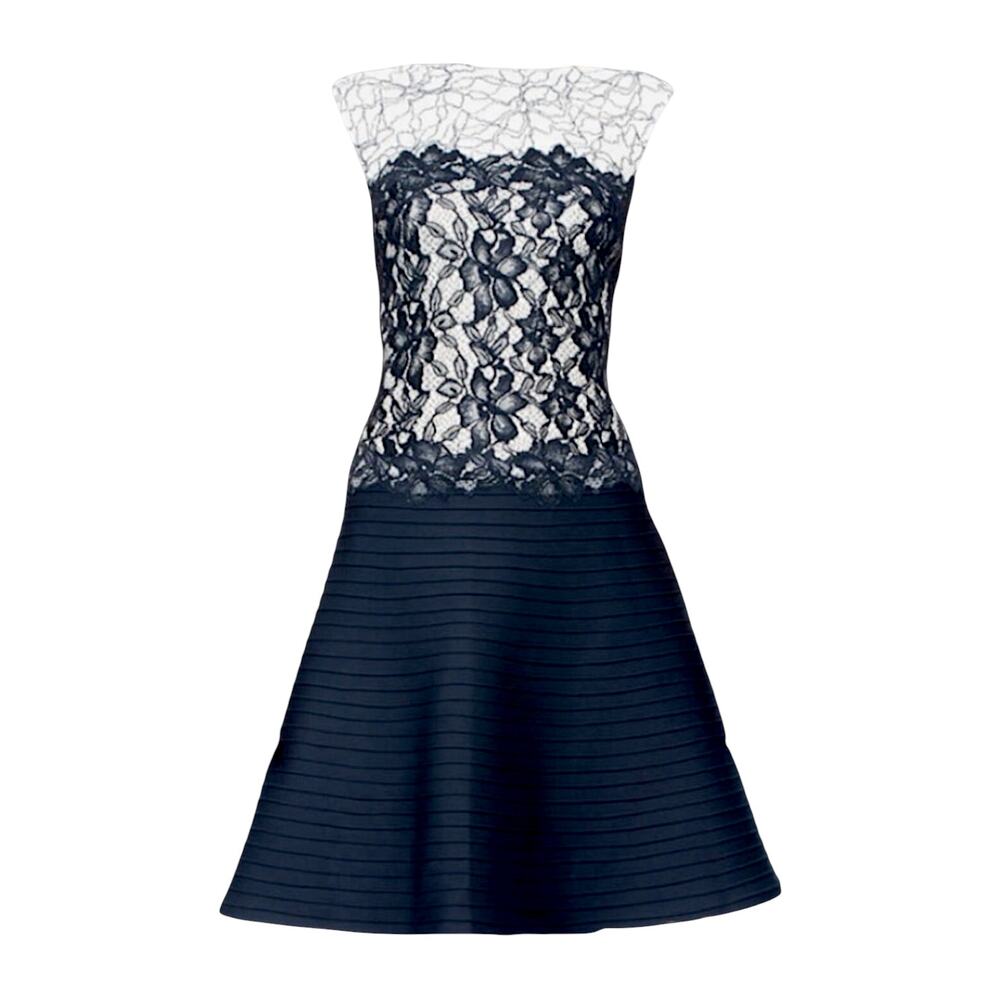 Tadashi Shoji Blue White Lace Cap Sleeve Boatneck A-Line Dress | Size 2